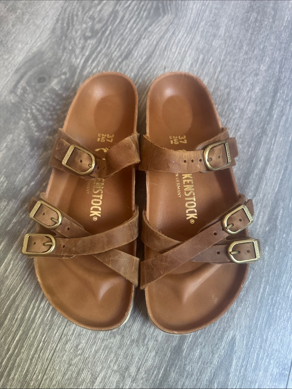Birkenstock Brown Triple Buckle Leather Slides
